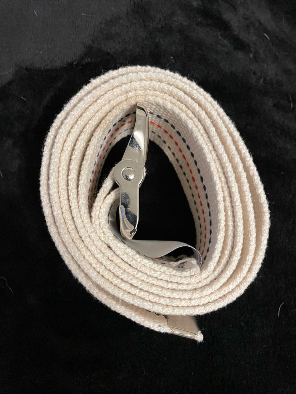 Canvas Webbing Belt with Silver Buckle - Cream with Red & Navy Stitching